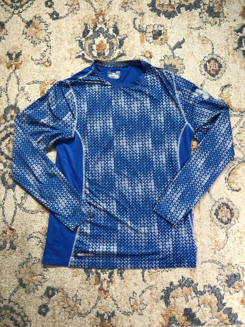 Under Armour HeatGear Shirt Mens Large Blue Long Sleeve Fitted Geometric Top
